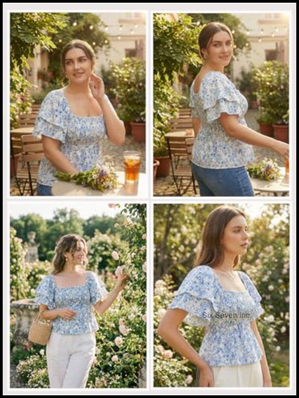Women's Square Neck Smocked Peplum Blouse Ruffle Short Sleeve Babydoll Top - Picture 4 of 6